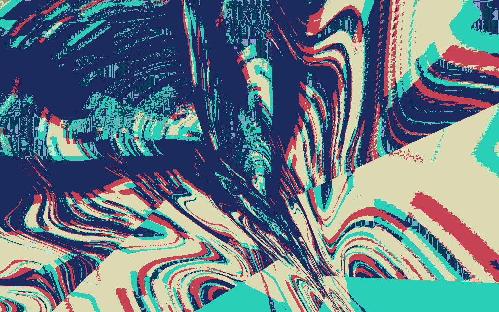 dark blue, red, aqua, and beige planes look like abstract shards that are pixelated and dithered
