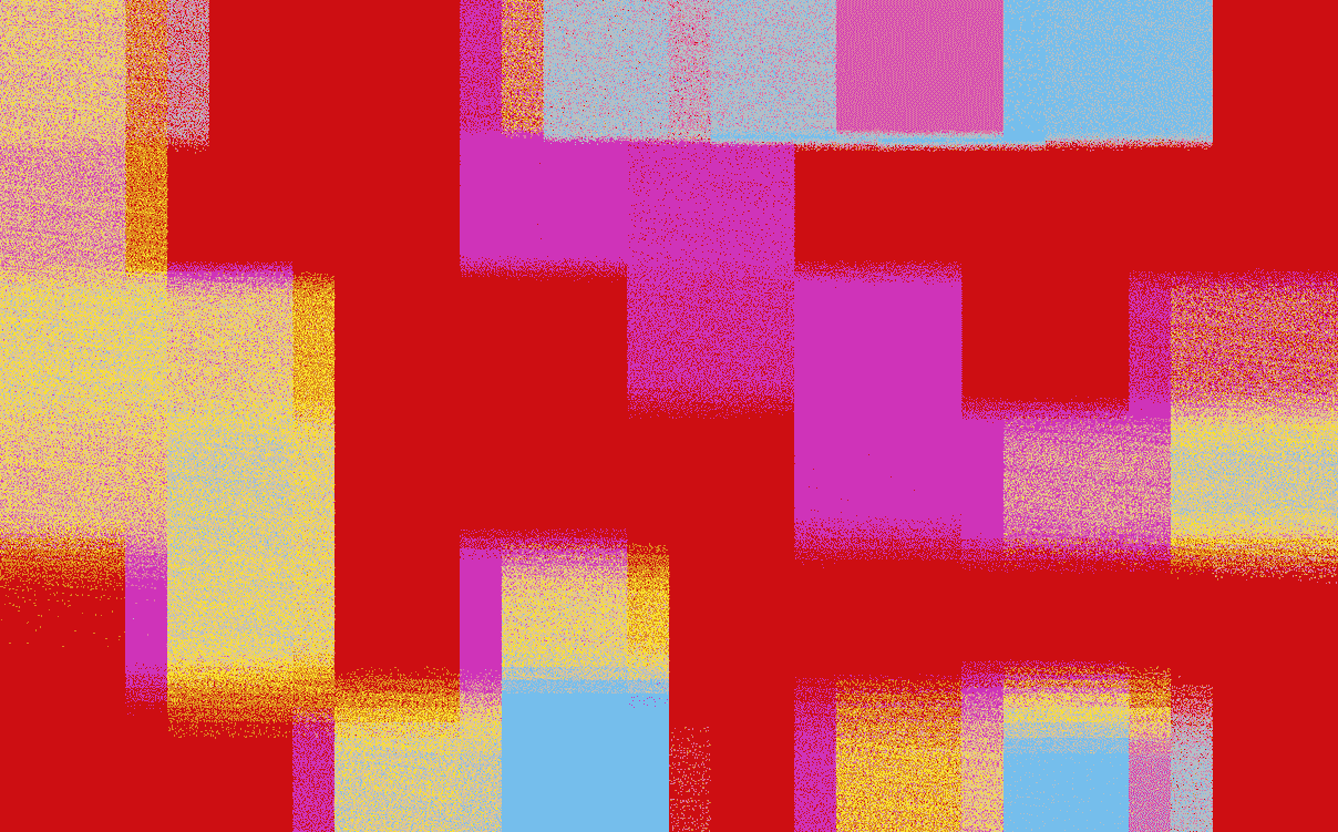 dark blue, red, aqua, and beige planes look like abstract shards that are pixelated and dithered