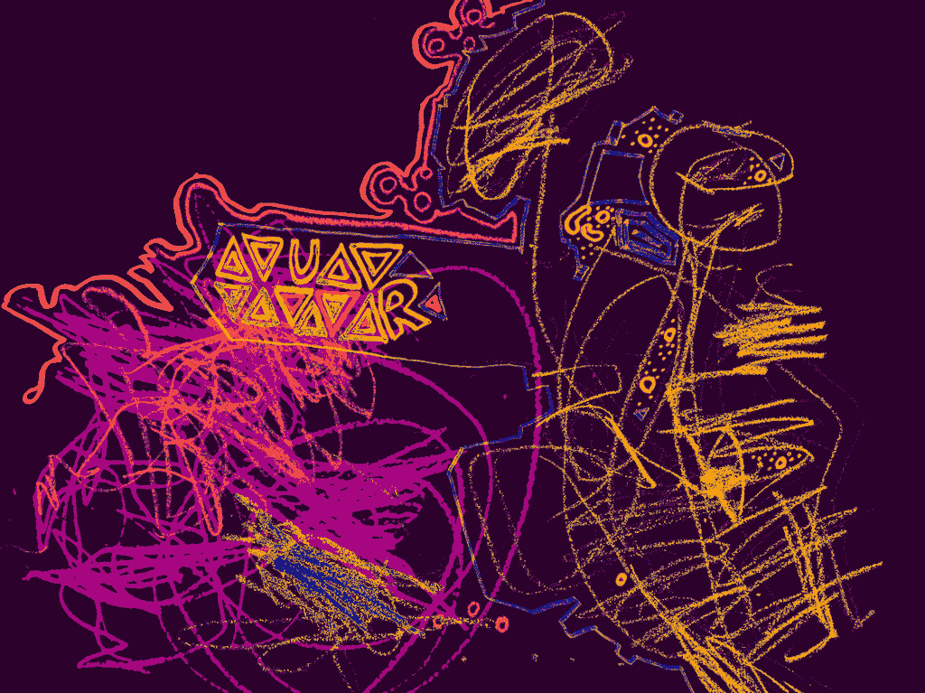 same drawing recolored into a dark, neon palette with magenta and orange lines on a deep purple background